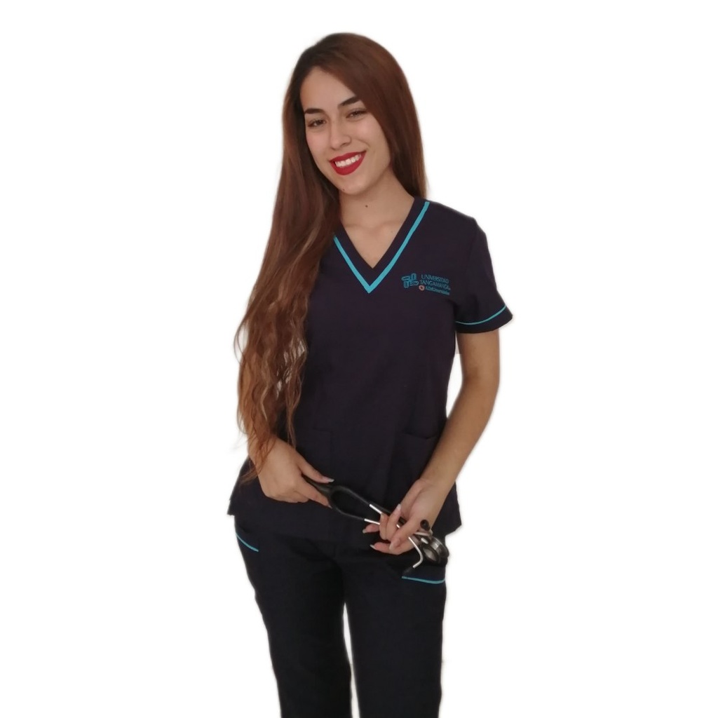 TRAJE DE QUIRÓFANO CUELLO V DAMA UTAN ENF VIVOS TURQUESA LOGO Y NOMBRE AMB