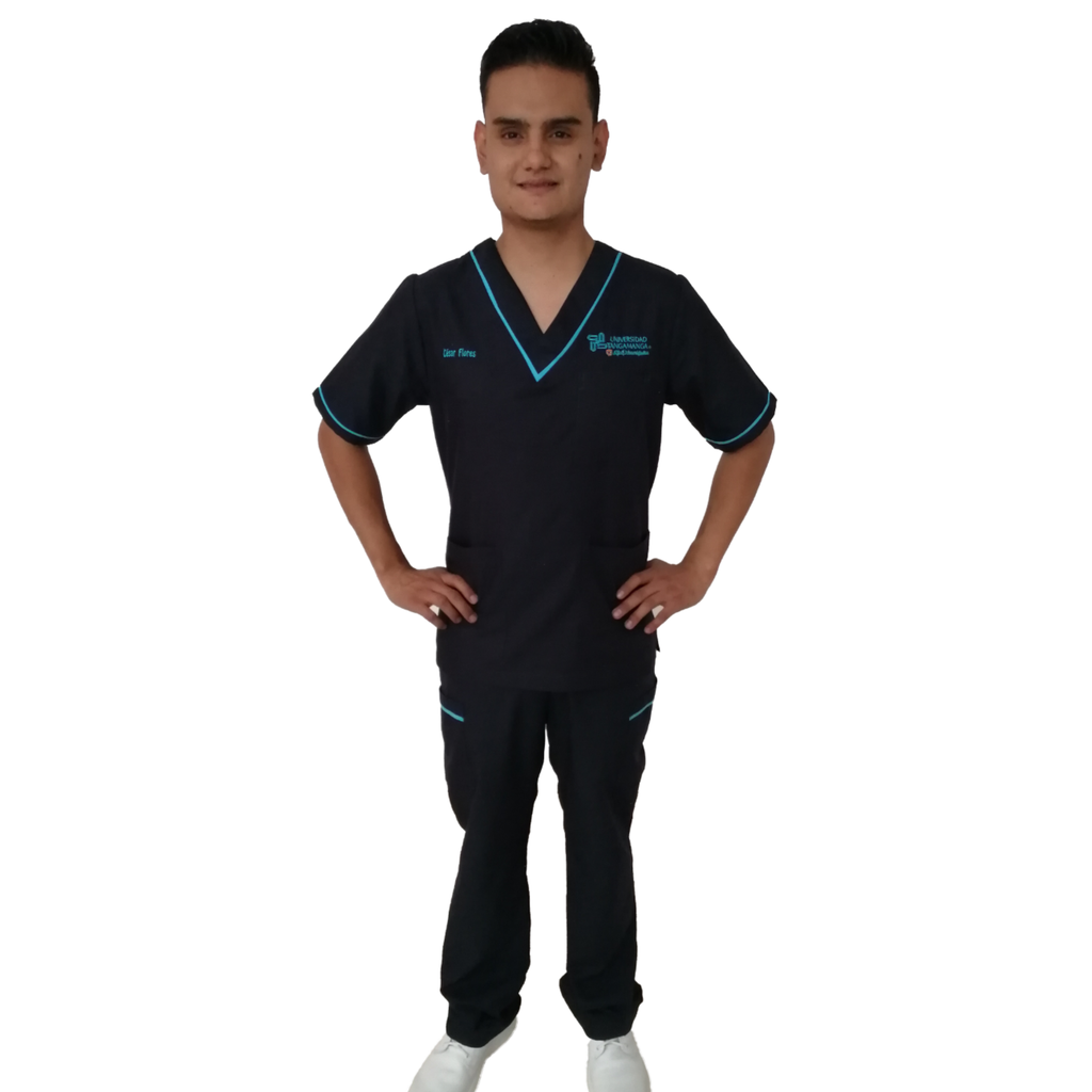 TRAJE DE QUIROFANO CUELLO V CAB UTAN ENF VIVOS TURQUESA LOGO Y NOMBRE AMB